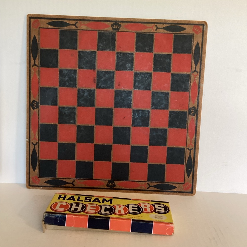 Checkers Set with Red and Black hard board Vtg